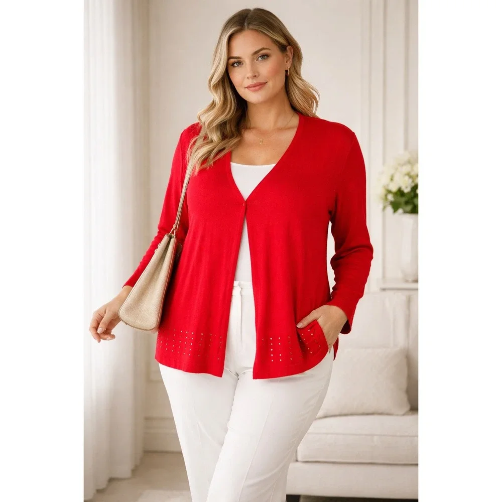 Slinky Brand Womens Red Rhinestone Hem Open Front Cardigan Plus Size 2X USA Made